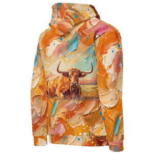 Furrow and Fields Hoodie English Longhorn Splash Art | All-Over Print Hoodie Quality Farmers Merch