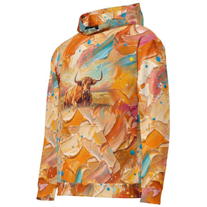 Furrow and Fields Hoodie English Longhorn Splash Art | All-Over Print Hoodie Quality Farmers Merch