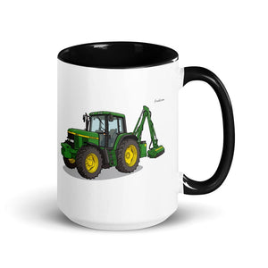 John Deere 6910 with Hedge Cutter Illustration | 15 oz Mug with Color Inside - Black