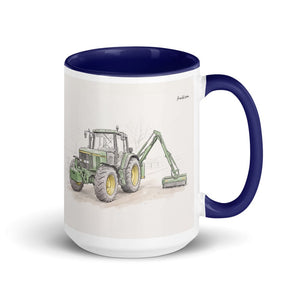 John Deere 6910 with Hedge Cutter Pencil Sketch | 15 oz Mug with Color Inside - Dark Blue
