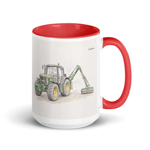 John Deere 6910 with Hedge Cutter Pencil Sketch | 15 oz Mug with Color Inside - Red