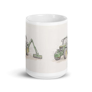 John Deere 6910 with Hedge Cutter Pencil Sketch | White Glossy Mug - view 2