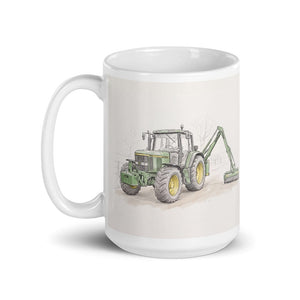 John Deere 6910 with Hedge Cutter Pencil Sketch | White Glossy Mug - view 3