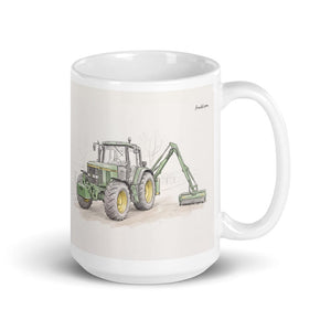 John Deere 6910 with Hedge Cutter Pencil Sketch | White Glossy Mug