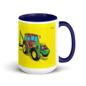 John Deere 6910 with Hedge Cutter Pop Art | 15 oz Mug with Color Inside - Dark Blue