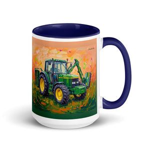 John Deere 6910 with Hedge Cutter Splash Art | 15 oz Mug with Color Inside - Dark Blue
