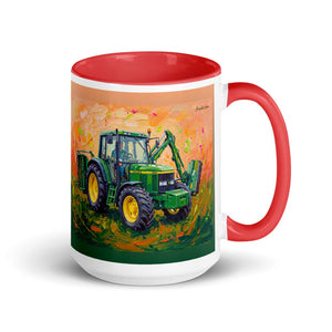 John Deere 6910 with Hedge Cutter Splash Art | 15 oz Mug with Color Inside - Red