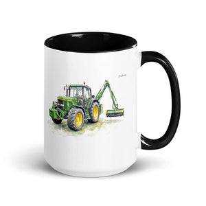 John Deere 6910 with Hedge Cutter Watercolor | 15 oz Mug with Color Inside - Black