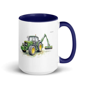John Deere 6910 with Hedge Cutter Watercolor | 15 oz Mug with Color Inside - Dark Blue