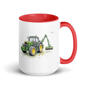 John Deere 6910 with Hedge Cutter Watercolor | 15 oz Mug with Color Inside - Red