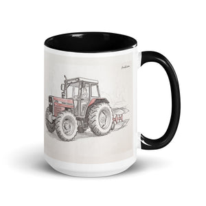 Massey Ferguson 375 Pencil Sketch | 15 oz Mug with Color Inside - Black
