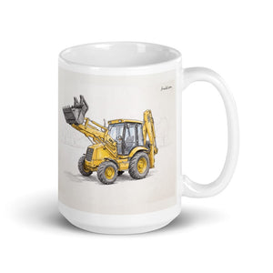 Furrow & Fields 11 oz JCB 3CX Sitemaster SRS Pencil Sketch | White Glossy Mug Quality Farmers Merch