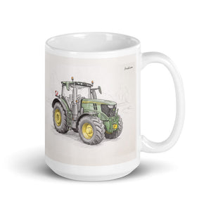 Furrow & Fields 11 oz John Deere 6R 250 Pencil Sketch | White Glossy Mug Quality Farmers Merch