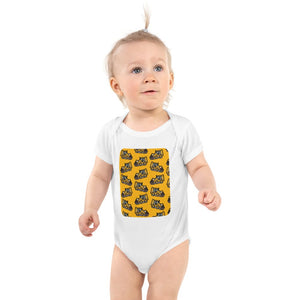 Furrow & Fields Baby Bodysuit White / 12 months Baby JCB 3CX Sitemaster Plus Digger Bodysuit – Yellow Pattern Quality Farmers Merch