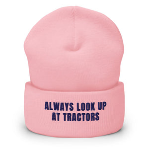 Furrow & Fields Baby Pink Always Look Up At Tractors | Cuffed Beanie Quality Farmers Merch