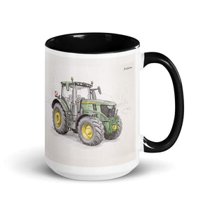 Furrow & Fields Black John Deere 6R 250 Pencil Sketch | 15 oz Mug with Color Inside Quality Farmers Merch