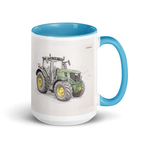 Furrow & Fields Blue John Deere 6R 250 Pencil Sketch | 15 oz Mug with Color Inside Quality Farmers Merch