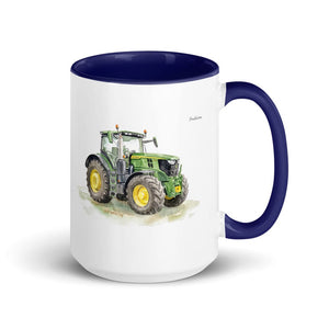 Furrow & Fields Dark Blue John Deere 6R 250 Watercolor | 15 oz Mug with Color Inside Quality Farmers Merch
