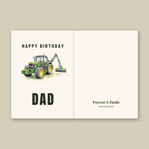 Furrow & Fields Greeting Card Happy Birthday Dad John Deere 6910 with Hedge Cutter Watercolour | Greeting Card Quality Farmers Merch