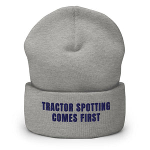 Furrow & Fields Heather Grey Tractor Spotting Comes First | Cuffed Beanie Quality Farmers Merch