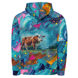 Furrow & Fields Hoodie Hereford Cow Splash Art | All-Over Print Hoodie Quality Farmers Merch