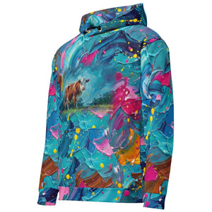 Furrow & Fields Hoodie Hereford Cow Splash Art | All-Over Print Hoodie Quality Farmers Merch