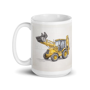 Furrow & Fields JCB 3CX Sitemaster SRS Pencil Sketch | White Glossy Mug Quality Farmers Merch