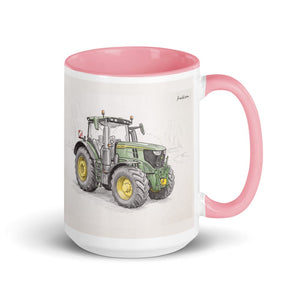 Furrow & Fields Pink John Deere 6R 250 Pencil Sketch | 15 oz Mug with Color Inside Quality Farmers Merch