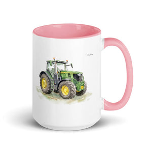 Furrow & Fields Pink John Deere 6R 250 Watercolor | 15 oz Mug with Color Inside Quality Farmers Merch
