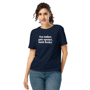 Furrow & Fields Women's T-shirt French Navy / S Tea Maker, Gate Opener, Lamb Feeder | Women's Premium T-shirt Quality Farmers Merch
