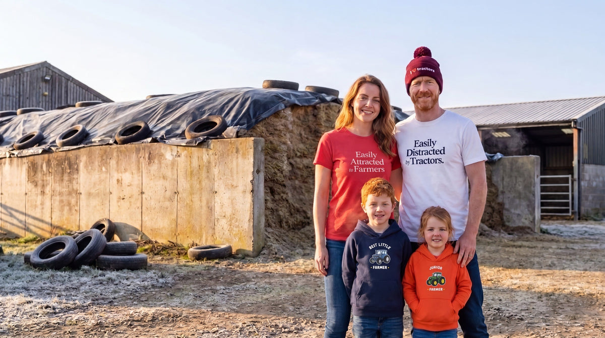 Family in Furrow & Fields t-shirts, kids hoodies and an I love tractors beanie at a frosty farmyard