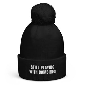 The Tractor Mugs Store Black Still Playing With Combines | Pom-Pom Beanie Quality Farmers Merch