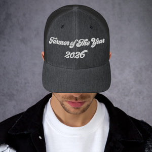 The Tractor Mugs Store Dark Heather Gray Farmer of The Year 2026 | Retro 70's Trucker Cap Quality Farmers Merch
