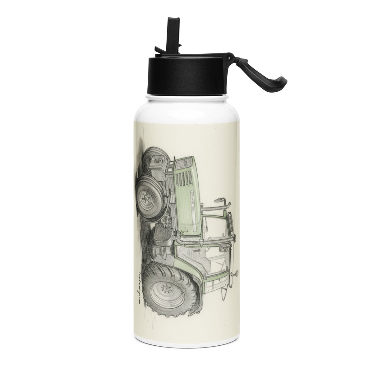 The Tractor Mugs Store Fendt Farmer 308 C Pencil Sketch | Stainless steel water bottle with a straw lid Quality Farmers Merch
