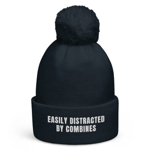 The Tractor Mugs Store French Navy Easily Distracted By Combines | Pom-Pom Beanie Quality Farmers Merch