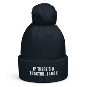 The Tractor Mugs Store French Navy If There's a Tractor, I Look | Pom-Pom Beanie Quality Farmers Merch