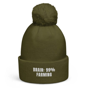 The Tractor Mugs Store Moss Green Brain: 99% Farming | Pom-Pom Beanie Quality Farmers Merch
