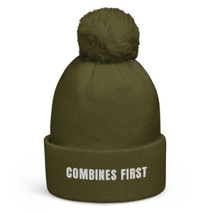 The Tractor Mugs Store Moss Green Combines First | Pom-Pom Beanie Quality Farmers Merch