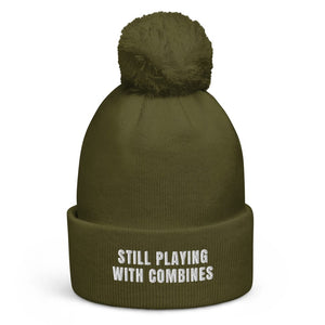 The Tractor Mugs Store Moss Green Still Playing With Combines | Pom-Pom Beanie Quality Farmers Merch