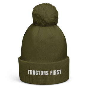 The Tractor Mugs Store Moss Green Tractors First | Pom-Pom Beanie Quality Farmers Merch