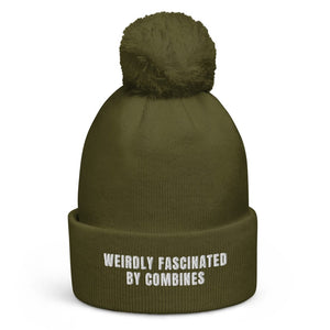 The Tractor Mugs Store Moss Green Weirdly Fascinated by Combines | Pom-Pom Beanie Quality Farmers Merch