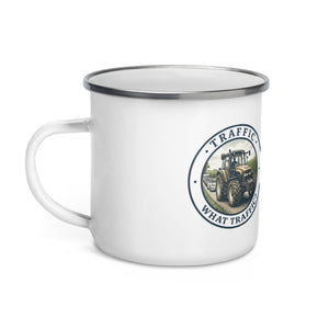 The Tractor Mugs Store New Holland TM 135 TRAFFIC WHAT TRAFFIC? Engraving | Enamel Mug Quality Farmers Merch
