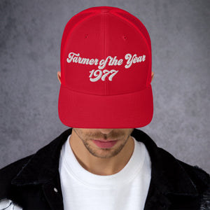 The Tractor Mugs Store Red Farmer of The Year 1977 | Retro 70's Trucker Cap Quality Farmers Merch