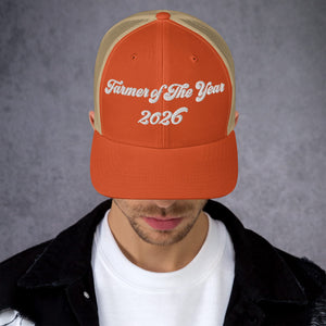 The Tractor Mugs Store Rustic Orange/ Khaki Farmer of The Year 2026 | Retro 70's Trucker Cap Quality Farmers Merch