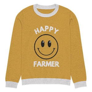 The Tractors Mugs Store S Happy Farmer (Yellow) Knitted crew neck sweater Quality Farmers Merch